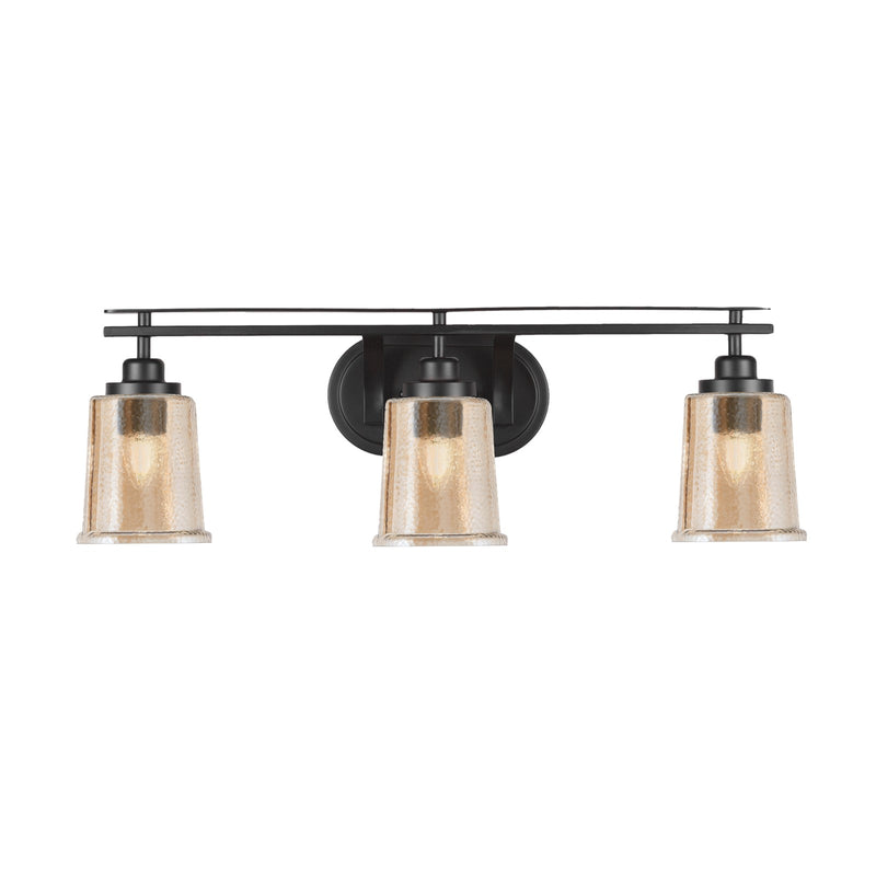 Toltec Odyssey 3-Light Bath Bar | Modern Matte Black Steel and Amber Bubble Glass | Bathroom Vanity & Powder Room | 7.5 x 8.75 in | Model 2613-MB-5033