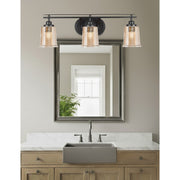 Toltec Odyssey 3-Light Bath Bar | Modern Matte Black Steel and Amber Bubble Glass | Bathroom Vanity & Powder Room | 7.5 x 8.75 in | Model 2613-MB-5033
