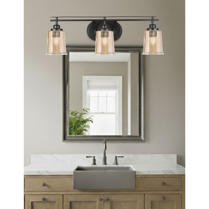 Toltec Odyssey 3-Light Bath Bar | Modern Matte Black Steel and Amber Bubble Glass | Bathroom Vanity & Powder Room | 7.5 x 8.75 in | Model 2613-MB-5033