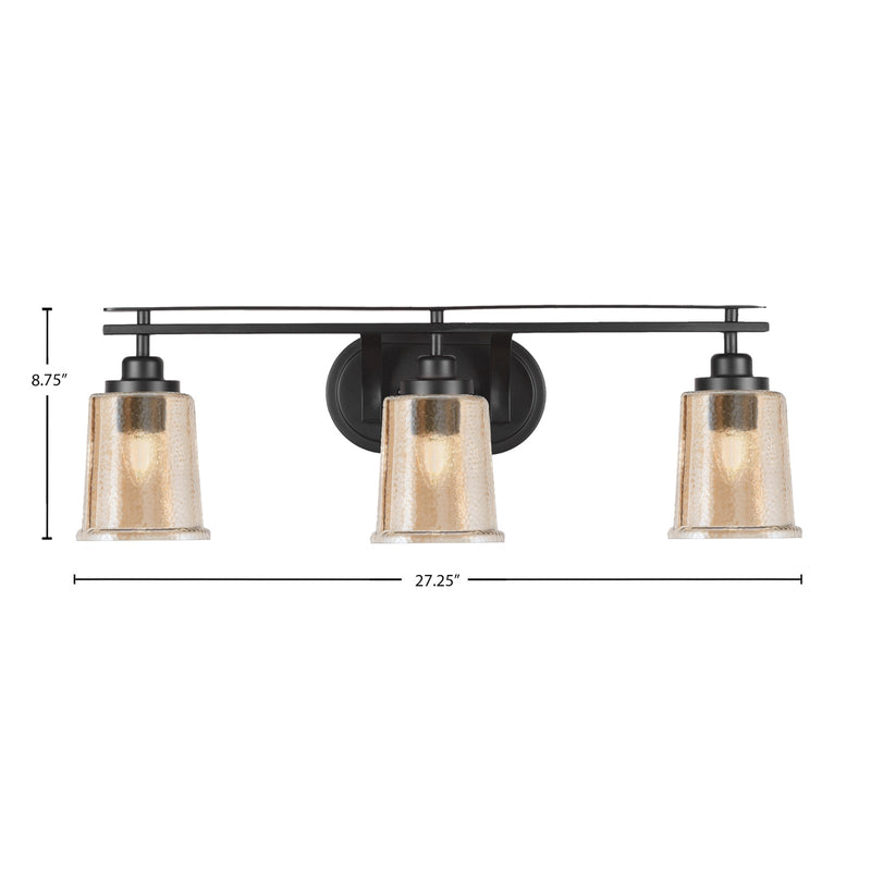 Toltec Odyssey 3-Light Bath Bar | Modern Matte Black Steel and Amber Bubble Glass | Bathroom Vanity & Powder Room | 7.5 x 8.75 in | Model 2613-MB-5033
