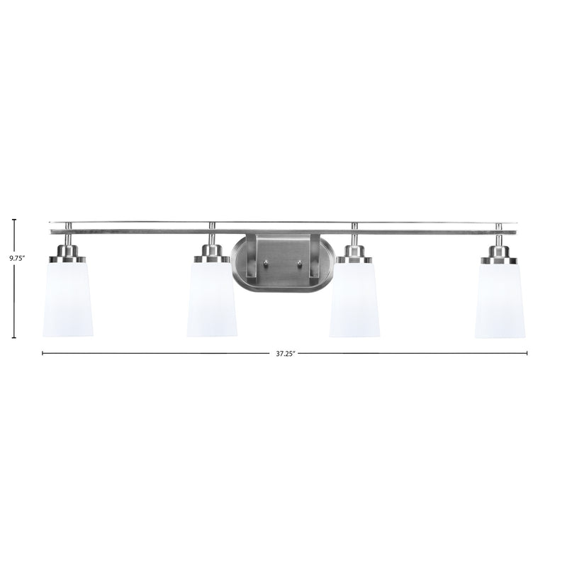 Toltec Odyssey 4-Light Bath Bar | Brushed Nickel and White Opal Glass | Bathroom Vanity & Double Sink | 7.25 x 9.75 in | Model 2614-BN-261