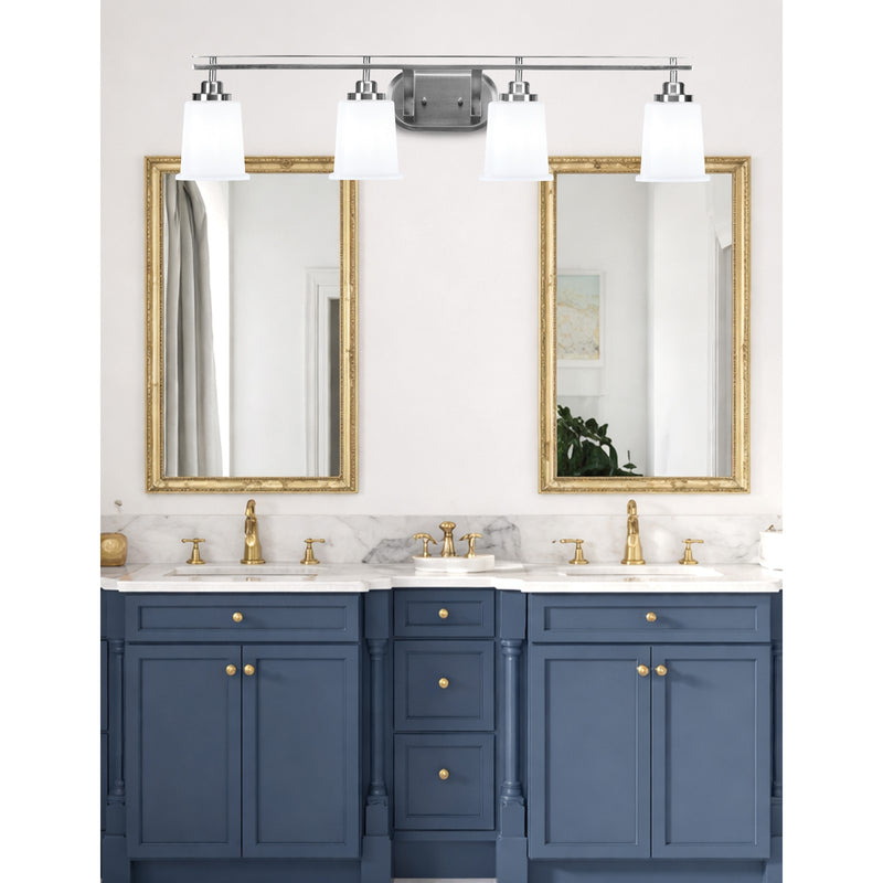 Toltec Odyssey 4-Light Bath Bar | Modern Brushed Nickel and White Opal Glass | Bathroom & Powder Room Vanity Light | 7.5 x 8.75 in | Model 2614-BN-5031