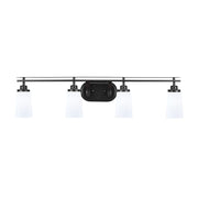 Toltec Odyssey 4-Light Bath Bar | Matte Black and White Opal Glass | Bathroom Vanity & Double Sink | 7.25 x 9.75 in | Model 2614-MB-261
