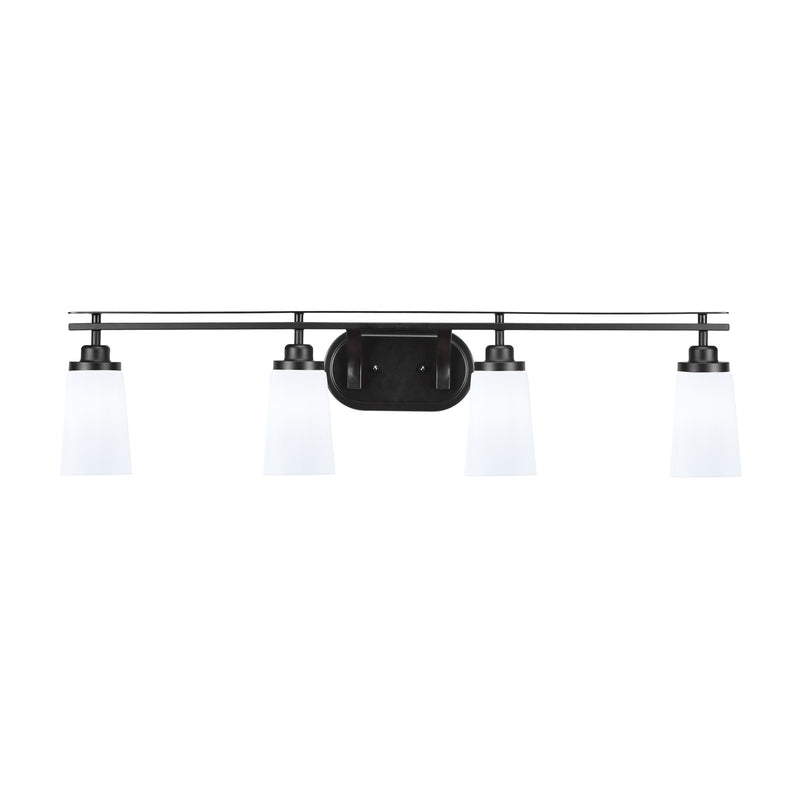 Toltec Odyssey 4-Light Bath Bar | Matte Black and White Opal Glass | Bathroom Vanity & Double Sink | 7.25 x 9.75 in | Model 2614-MB-261