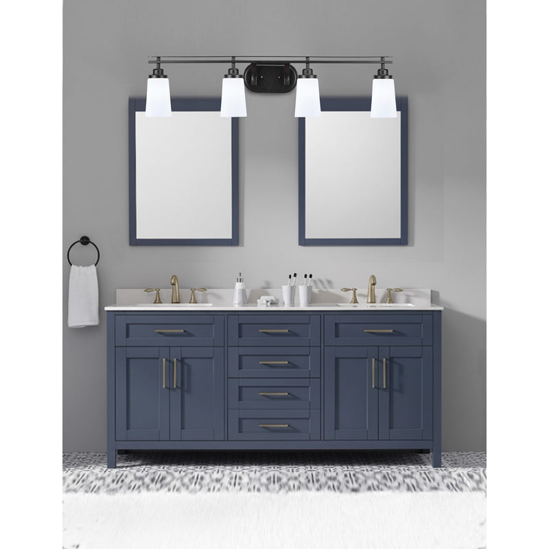 Toltec Odyssey 4-Light Bath Bar | Matte Black and White Opal Glass | Bathroom Vanity & Double Sink | 7.25 x 9.75 in | Model 2614-MB-261