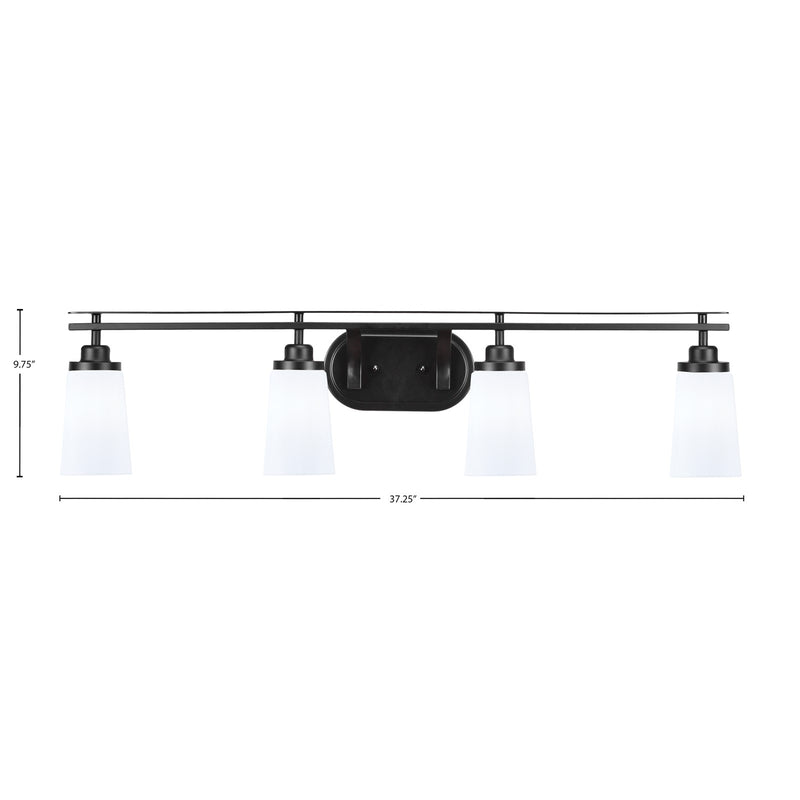 Toltec Odyssey 4-Light Bath Bar | Matte Black and White Opal Glass | Bathroom Vanity & Double Sink | 7.25 x 9.75 in | Model 2614-MB-261