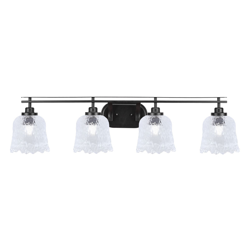 Toltec Odyssey 4-Light Bath Bar | Modern Matte Black Steel and Clear Textured Glass | Bathroom Vanity & Powder Room | 8 x 9.75 in | Model 2614-MB-4230