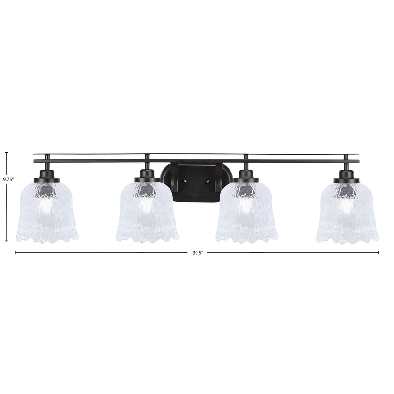Toltec Odyssey 4-Light Bath Bar | Modern Matte Black Steel and Clear Textured Glass | Bathroom Vanity & Powder Room | 8 x 9.75 in | Model 2614-MB-4230