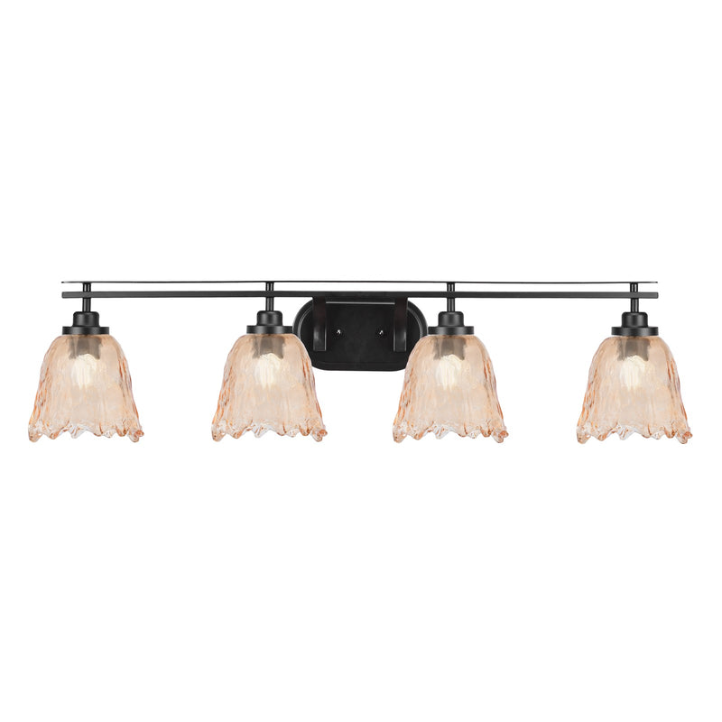 Toltec Odyssey 4-Light Bath Bar | Modern Matte Black Steel and Amber Lava Glass | Bathroom & Double Vanity | 8 x 9.75 in | Model 2614-MB-4233
