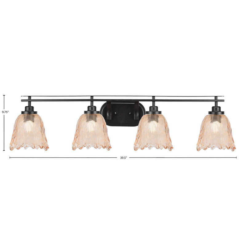 Toltec Odyssey 4-Light Bath Bar | Modern Matte Black Steel and Amber Lava Glass | Bathroom & Double Vanity | 8 x 9.75 in | Model 2614-MB-4233