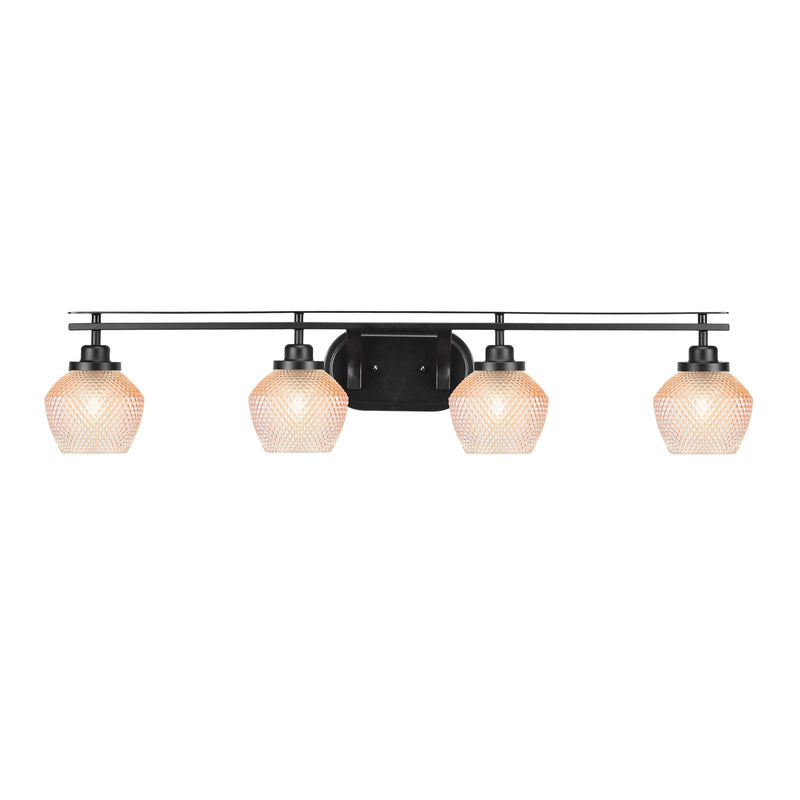 Toltec Odyssey 39.25in 4-Light Bath Bar | Modern Matte Black Steel and Amber Textured Glass | Bathroom Vanity | 39.25 x 8.5 x 7.75 in | Model 2614-MB-4623
