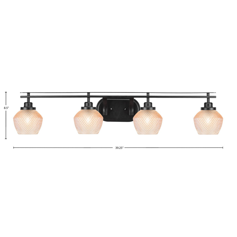 Toltec Odyssey 39.25in 4-Light Bath Bar | Modern Matte Black Steel and Amber Textured Glass | Bathroom Vanity | 39.25 x 8.5 x 7.75 in | Model 2614-MB-4623