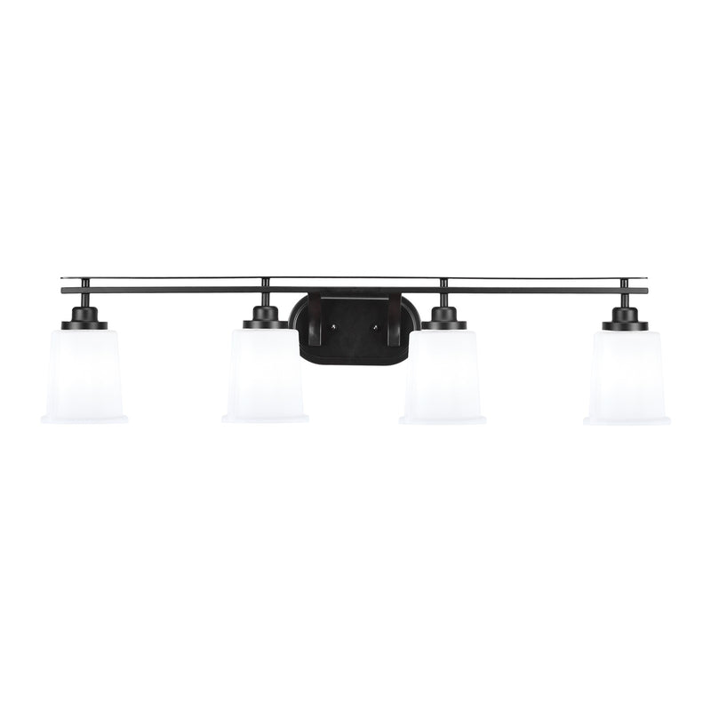 Toltec Odyssey 4-Light Bath Bar | Modern Matte Black Steel and White Opal Glass | Bathroom & Double Vanity | 7.5 x 8.75 in | Model 2614-MB-5031