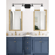 Toltec Odyssey 4-Light Bath Bar | Modern Matte Black Steel and White Opal Glass | Bathroom & Double Vanity | 7.5 x 8.75 in | Model 2614-MB-5031
