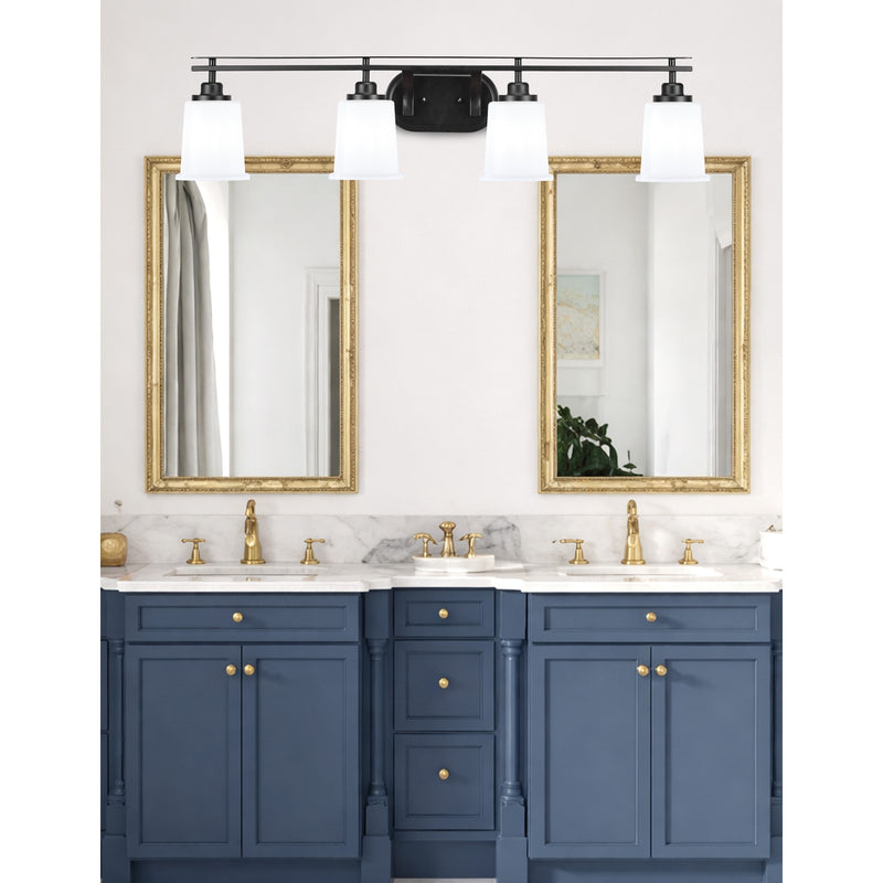 Toltec Odyssey 4-Light Bath Bar | Modern Matte Black Steel and White Opal Glass | Bathroom & Double Vanity | 7.5 x 8.75 in | Model 2614-MB-5031
