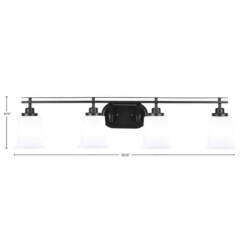 Toltec Odyssey 4-Light Bath Bar | Modern Matte Black Steel and White Opal Glass | Bathroom & Double Vanity | 7.5 x 8.75 in | Model 2614-MB-5031
