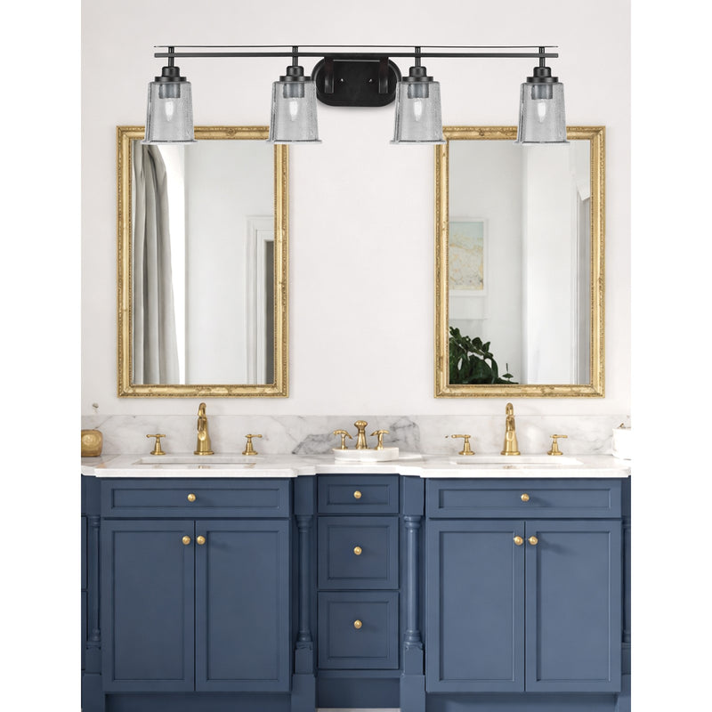 Toltec Odyssey 4-Light Bath Bar | Modern Matte Black Steel and Smoke Bubble Glass | Bathroom & Double Vanity | 7.5 x 8.75 in | Model 2614-MB-5032
