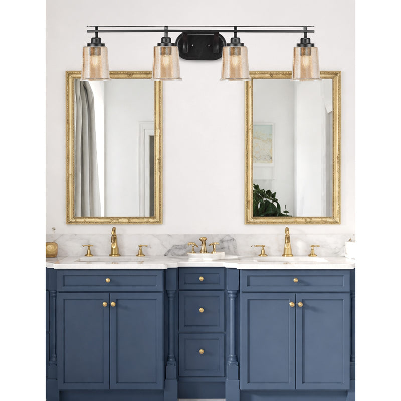 Toltec Odyssey 4-Light Bath Bar | Modern Matte Black Steel and Amber Bubble Glass | Bathroom & Double Vanity | 7.5 x 8.75 in | Model 2614-MB-5033