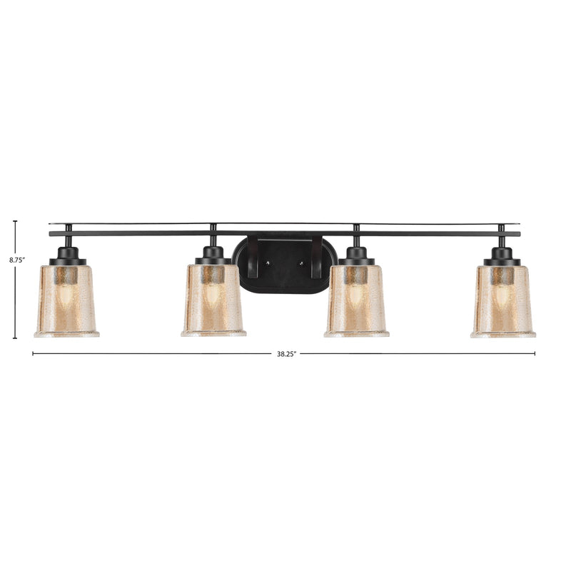 Toltec Odyssey 4-Light Bath Bar | Modern Matte Black Steel and Amber Bubble Glass | Bathroom & Double Vanity | 7.5 x 8.75 in | Model 2614-MB-5033