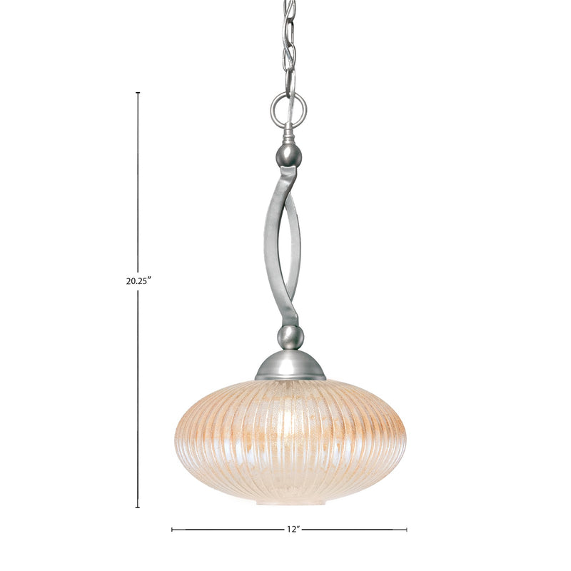 Toltec Bow 12in 1-Light Pendant | Brushed Nickel Steel and Amber Micro Bubble Ribbed Glass | Kitchen & Dining Room | 12 x 12 x 20.25 in | Model 271-BN-4653
