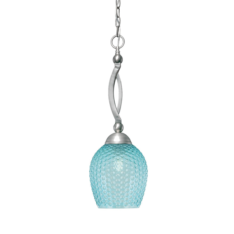 Toltec Bow 7.5in 1-Light Pendant | Brushed Nickel and Turquoise Textured Glass | Kitchen Island & Dining Room | 7.5 x 22 in | Model 271-BN-4905