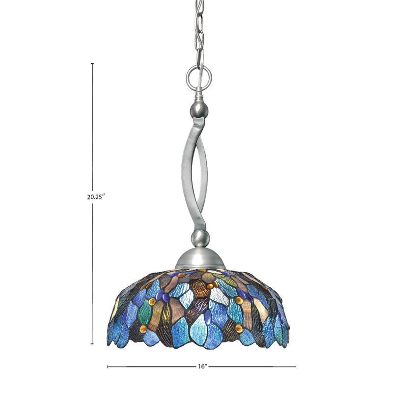 Toltec Bow 16in 1-Light Pendant | Brushed Nickel Steel and Blue Mosaic Art Glass | Kitchen Island & Dining Room | 16 x 16 x 20.75 in | Model 271-BN-995