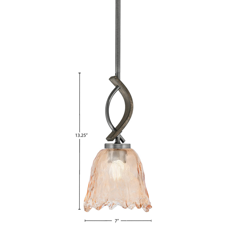 Toltec Monterey 7in 1-Light Mini Pendant | Rustic Graphite and Painted Distressed Wood-look Metal with Amber Lava Glass | Model 2901-GPDW-4233