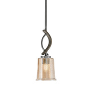 Toltec Monterey 5in 1-Light Mini Pendant | Rustic Graphite and Painted Distressed Wood-look Metal with Amber Bubble Glass | Model 2901-GPDW-5033