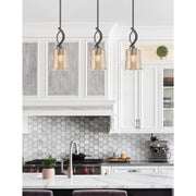 Toltec Monterey 5in 1-Light Mini Pendant | Rustic Graphite and Painted Distressed Wood-look Metal with Amber Bubble Glass | Model 2901-GPDW-5033
