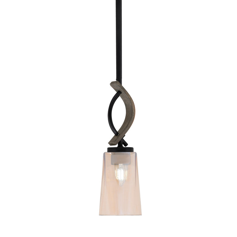 Toltec Monterey 5in 1-Light Mini Pendant | Rustic Matte Black and Painted Distressed Wood-look Metal with Amber Gradient Glass | Model 2901-MBDW-263