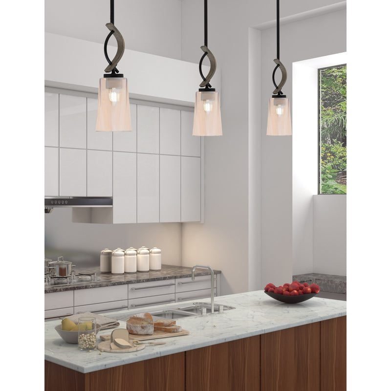 Toltec Monterey 5in 1-Light Mini Pendant | Rustic Matte Black and Painted Distressed Wood-look Metal with Amber Gradient Glass | Model 2901-MBDW-263