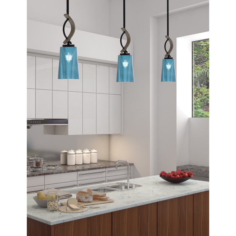 Toltec Monterey 5in 1-Light Mini Pendant | Rustic Matte Black and Painted Distressed Wood-look Metal with Blue Gradient Glass | Model 2901-MBDW-265