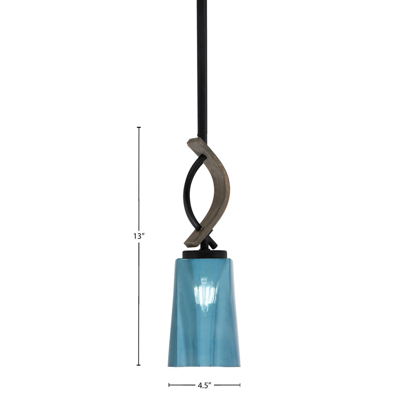 Toltec Monterey 5in 1-Light Mini Pendant | Rustic Matte Black and Painted Distressed Wood-look Metal with Blue Gradient Glass | Model 2901-MBDW-265