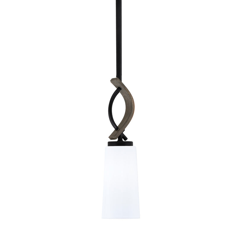 Toltec Monterey 5in 1-Light Mini Pendant | Rustic Matte Black and Painted Distressed Wood-look Metal with White Opal Glass | Model 2901-MBDW-291