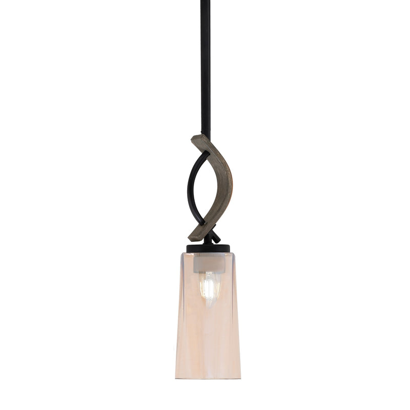 Toltec Monterey 5in 1-Light Mini Pendant | Matte Black and Distressed Wood-look Metal with Amber Gradient Glass | Kitchen | Model 2901-MBDW-293