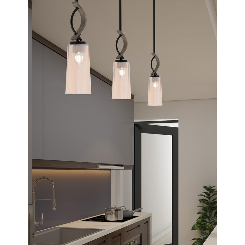 Toltec Monterey 5in 1-Light Mini Pendant | Matte Black and Distressed Wood-look Metal with Amber Gradient Glass | Kitchen | Model 2901-MBDW-293