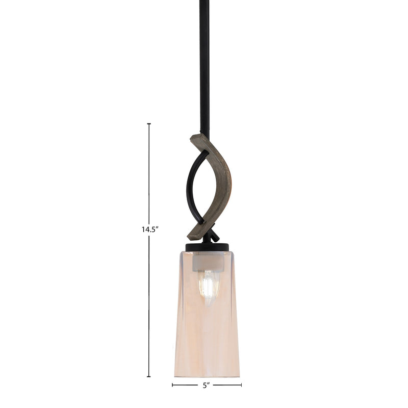 Toltec Monterey 5in 1-Light Mini Pendant | Matte Black and Distressed Wood-look Metal with Amber Gradient Glass | Kitchen | Model 2901-MBDW-293