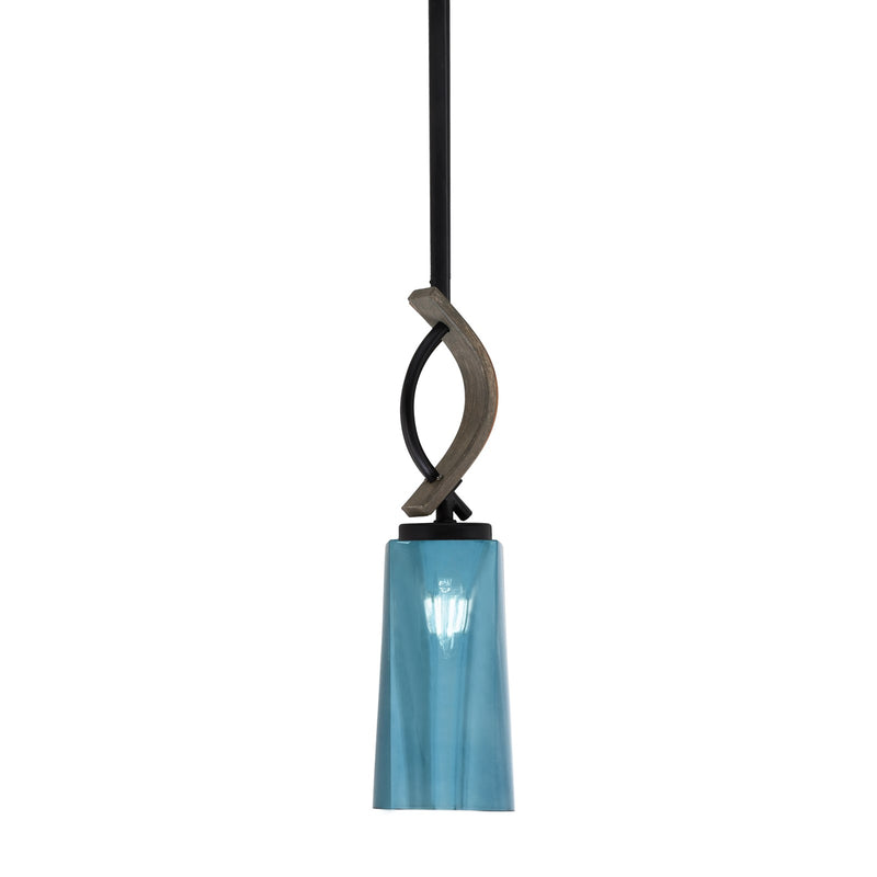 Toltec Monterey 5in 1-Light Mini Pendant | Matte Black and Distressed Wood-look Metal with Blue Gradient Glass | Kitchen Island | Model 2901-MBDW-295