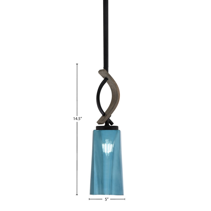 Toltec Monterey 5in 1-Light Mini Pendant | Matte Black and Distressed Wood-look Metal with Blue Gradient Glass | Kitchen Island | Model 2901-MBDW-295