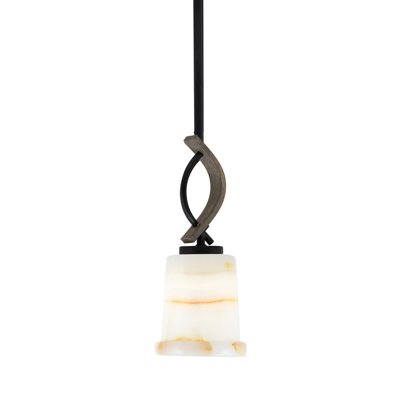 Toltec Monterey 5in 1-Light Mini Pendant | Rustic Matte Black and Painted Distressed Wood-look Metal with Natural Stone Glass | Model 2901-MBDW-4128