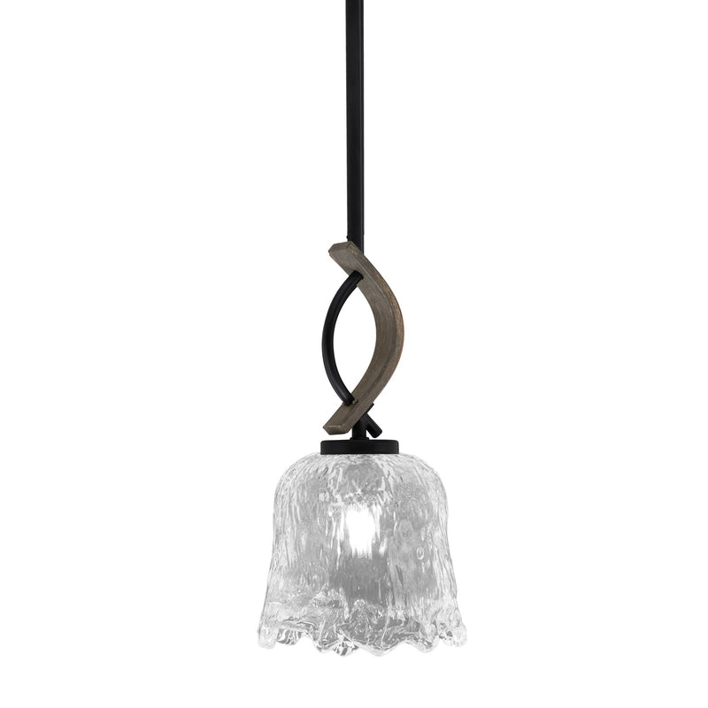 Toltec Monterey 7in 1-Light Mini Pendant | Rustic Matte Black and Painted Distressed Wood-look Metal with Clear Lava Glass | Model 2901-MBDW-4230