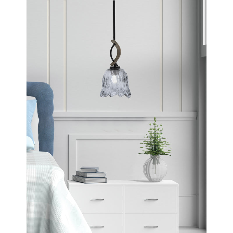 Toltec Monterey 7in 1-Light Mini Pendant | Rustic Matte Black and Painted Distressed Wood-look Metal with Smoke Lava Glass | Model 2901-MBDW-4232