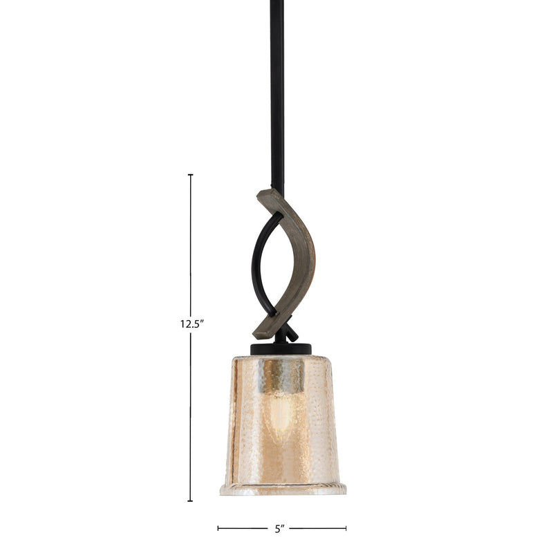 Toltec Monterey 5in 1-Light Mini Pendant | Rustic Matte Black and Painted Distressed Wood-look Metal with Amber Bubble Glass | Model 2901-MBDW-5033
