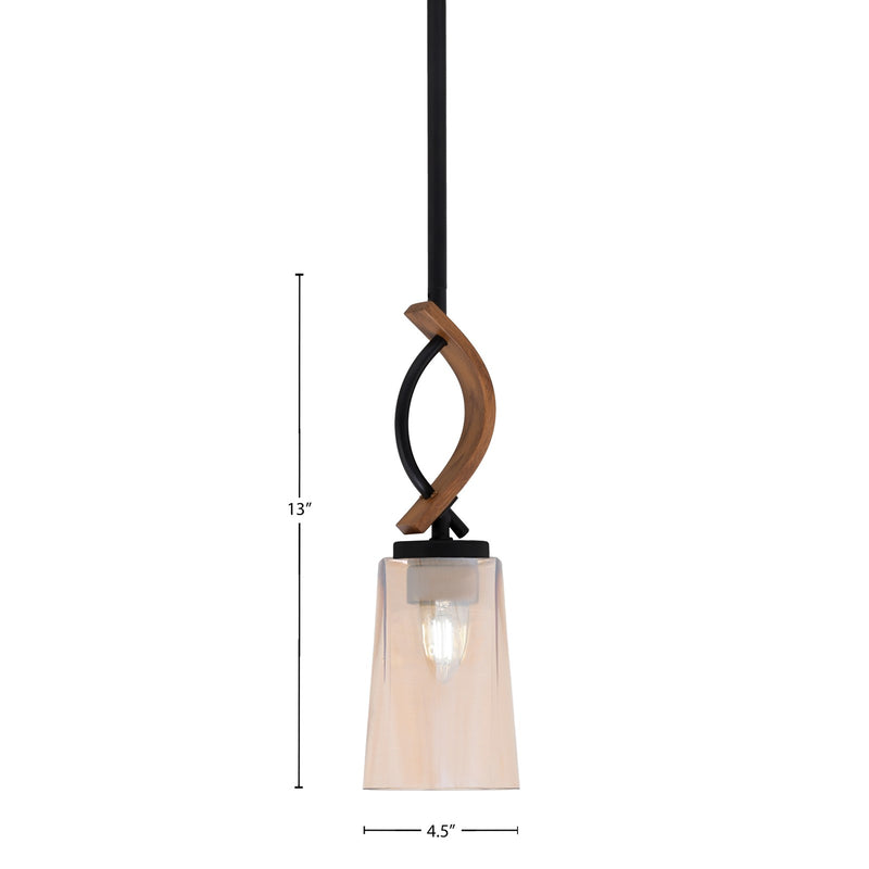 Toltec Monterey 4.5in 1-Light Mini Pendant | Rustic Matte Black and Painted Wood-look Metal with Amber Gradient Glass | Kitchen | Model 2901-MBWG-263