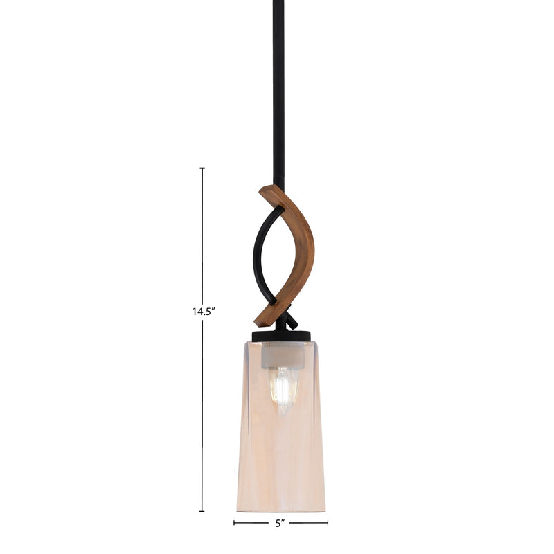 Toltec Monterey 5in 1-Light Mini Pendant | Modern Matte Black and Painted Wood-look Metal with Amber Gradient Glass | Kitchen | Model 2901-MBWG-293