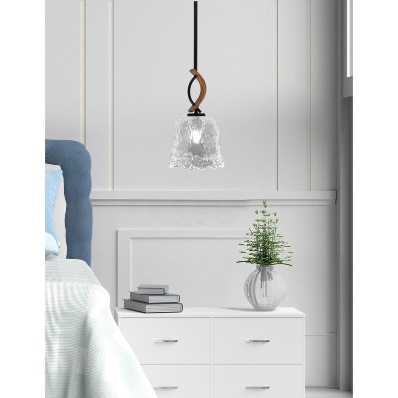 Toltec Monterey 7in 1-Light Mini Pendant | Rustic Matte Black and Painted Wood-look Metal with Clear Lava Glass | Kitchen | Model 2901-MBWG-4230