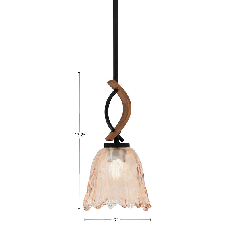 Toltec Monterey 7in 1-Light Mini Pendant | Rustic Matte Black and Painted Wood-look Metal with Amber Lava Glass | Kitchen | Model 2901-MBWG-4233