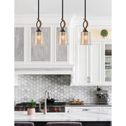 Toltec Monterey 5in 1-Light Mini Pendant | Modern Matte Black and Painted Wood-look Amber Bubble Glass | Kitchen Island | Model 2901-MBWG-5033