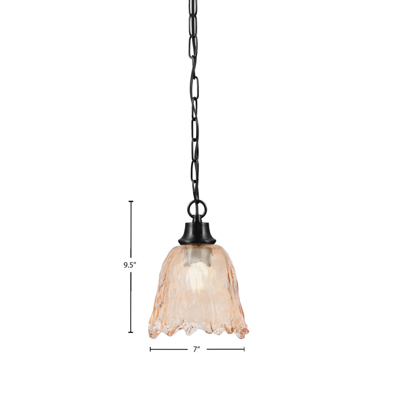 Toltec Chain 7in 1-Light Pendant | Industrial Matte Black Steel and Amber Lava Glass | Kitchen Island & Dining Room | 7 x 9.5 in | Model 31-MB-4233