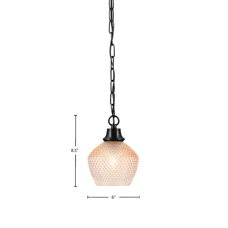 Toltec Chain 6in 1-Light Pendant | Industrial Matte Black Steel and Amber Textured Glass | Kitchen Island & Dining Room | 6 x 8.5 in | Model 31-MB-4623
